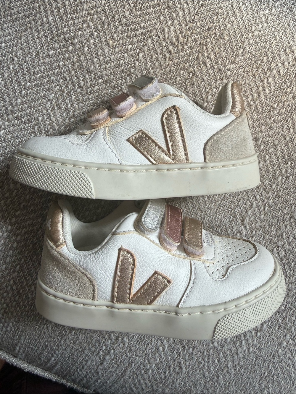 VEJA Kids White Sneakers with Metallic Rose Gold Accents - Velcro Closure